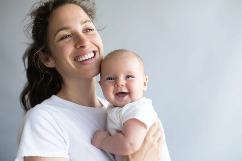 Young woman smiling while holding a happy baby close to her chest indoors