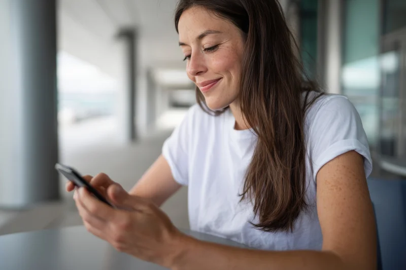 Woman smiling while using smartphone at table in modern office space
