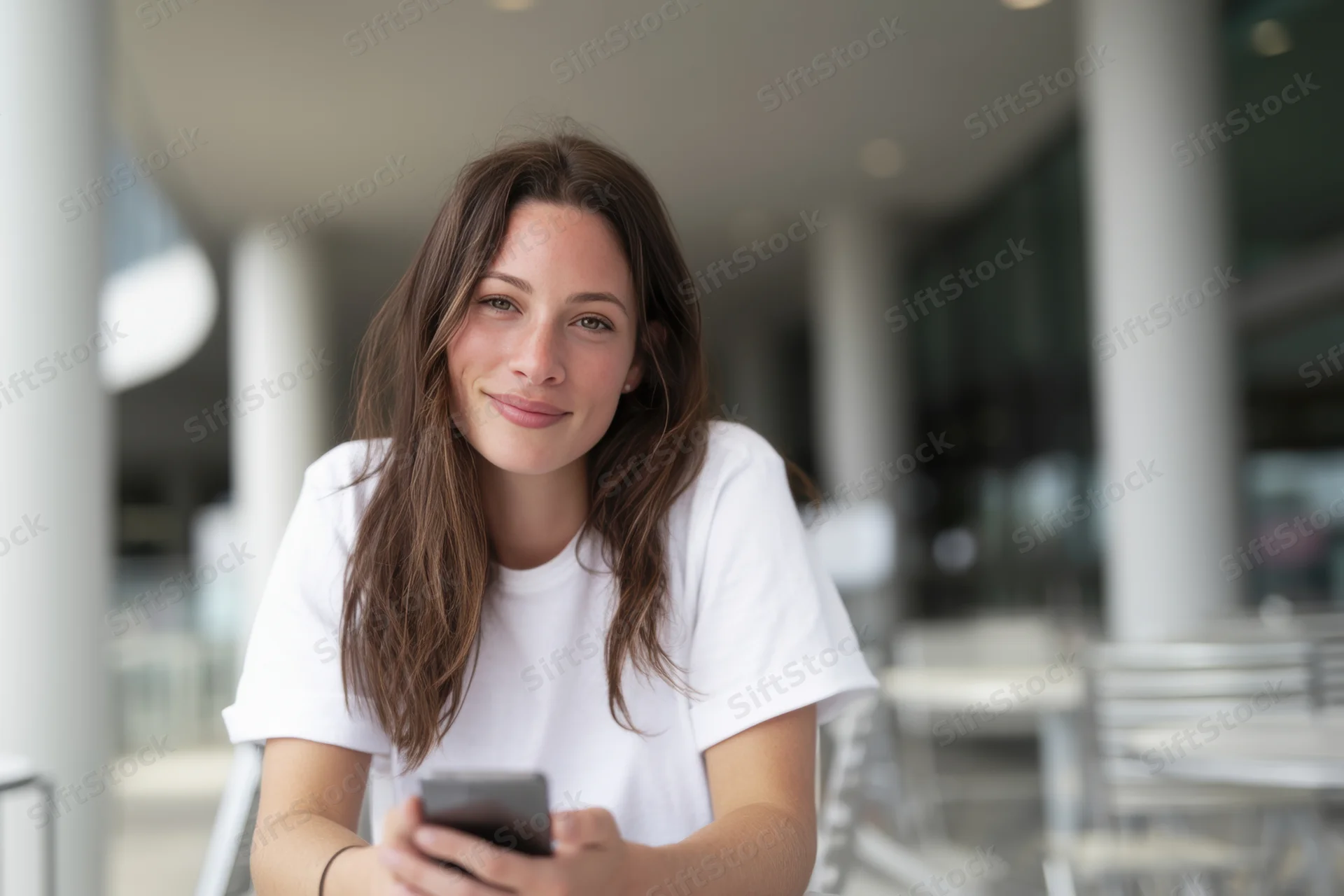 Woman smiling while holding smartphone at outdoor cafe seating area