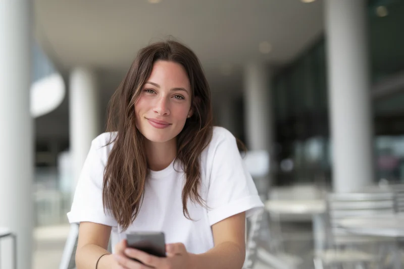 Woman smiling while holding smartphone at outdoor cafe seating area