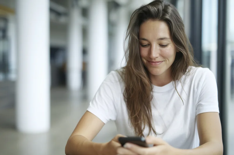Woman smiling while texting on smartphone in modern office space