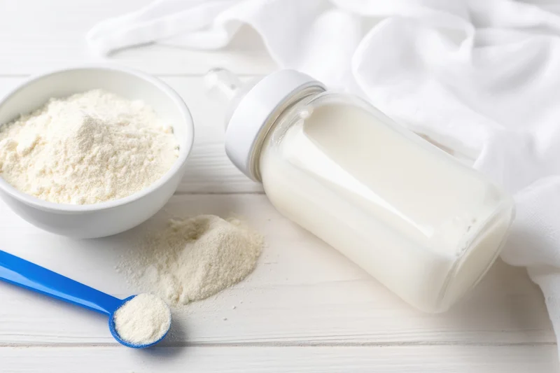 Baby bottle filled with milk lying on pale wooden surface beside bowl of powdered formula and blue scoop