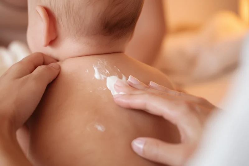 Baby receiving lotion application on back by woman's hands