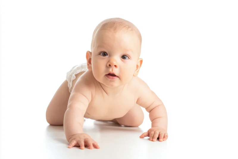 Baby crawling on white studio background wearing diaper
