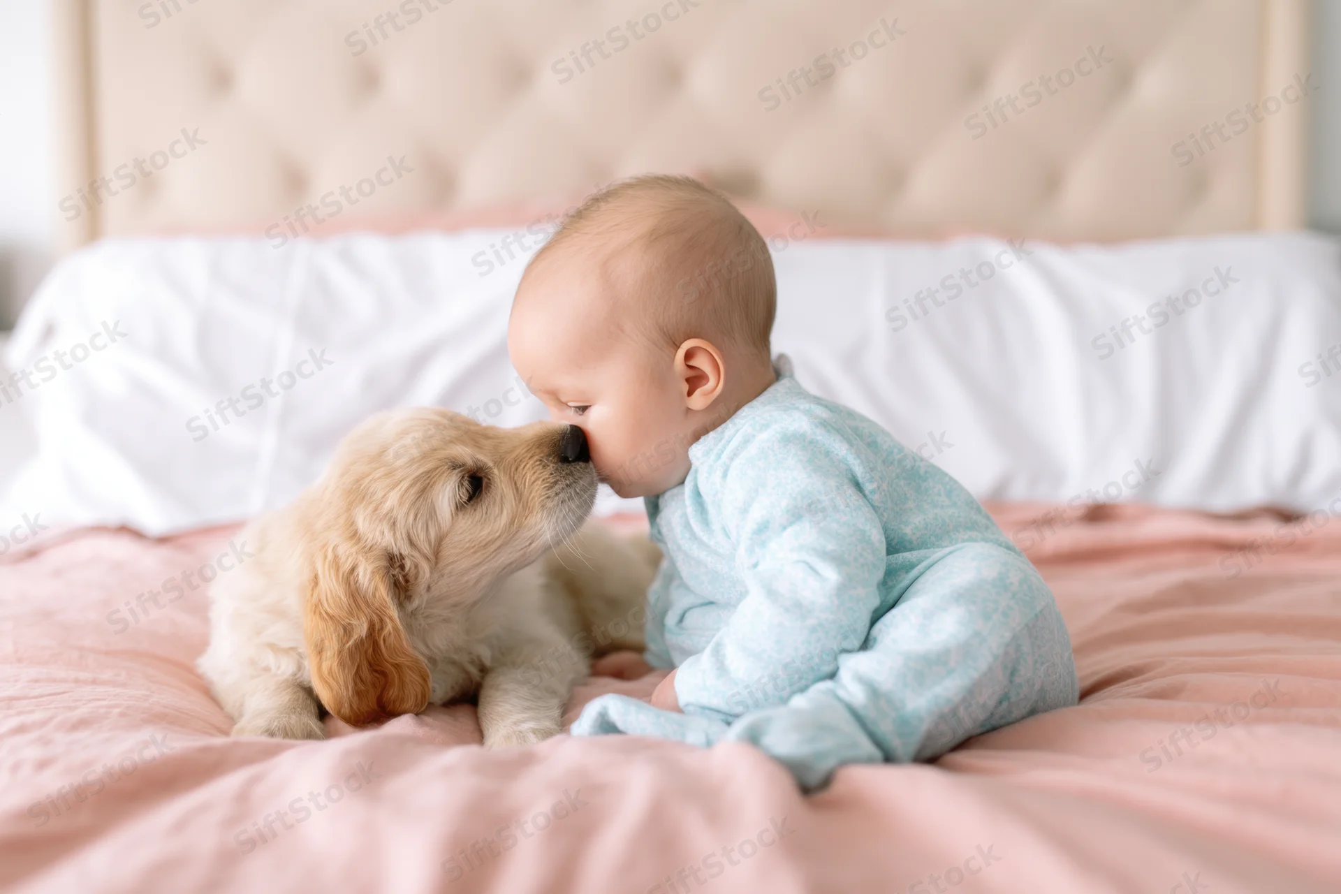Baby in blue onesie sitting on pink bed cuddling golden retriever puppy