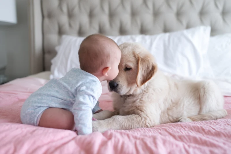 Baby and golden retriever puppy nuzzling on pink bed in bedroom