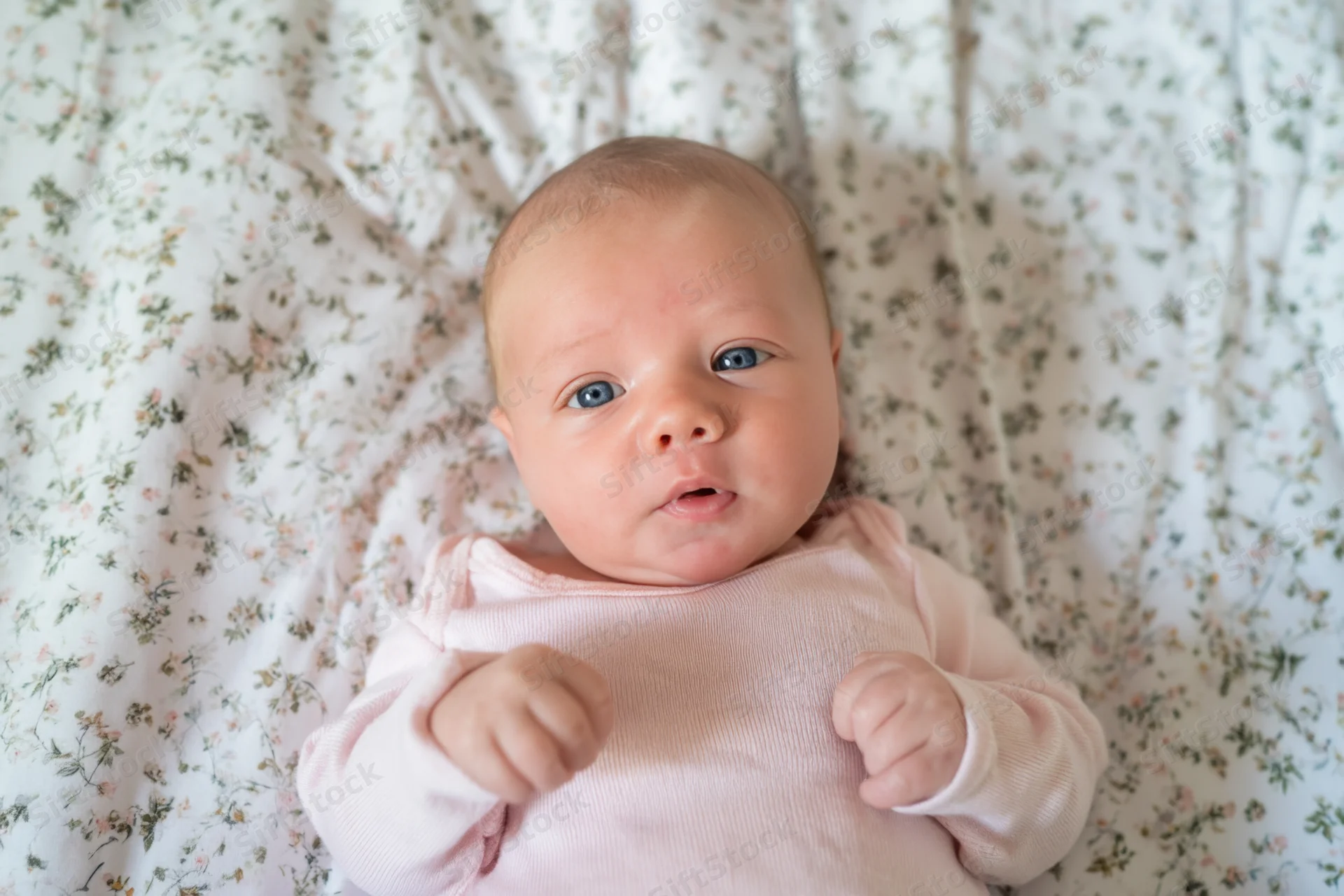 Baby lying on floral sheet wearing pink onesie