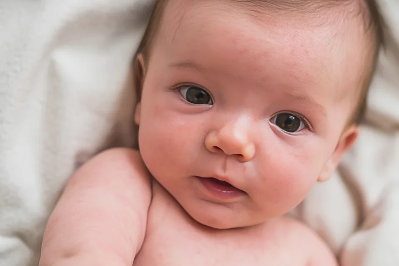 Baby lying on light blanket looking at camera with open eyes