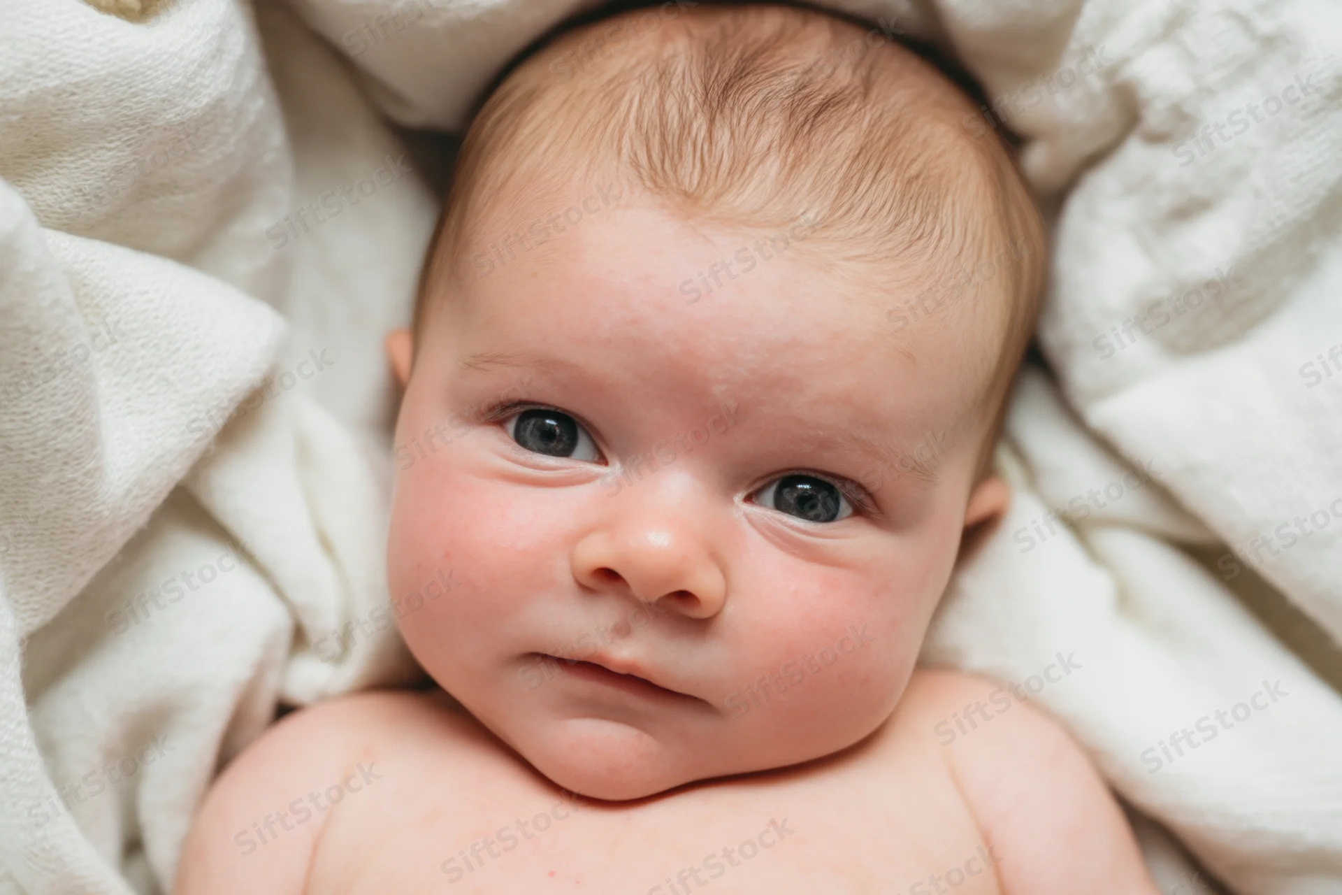Newborn baby lying on a white blanket looking directly at the camera with a calm expression