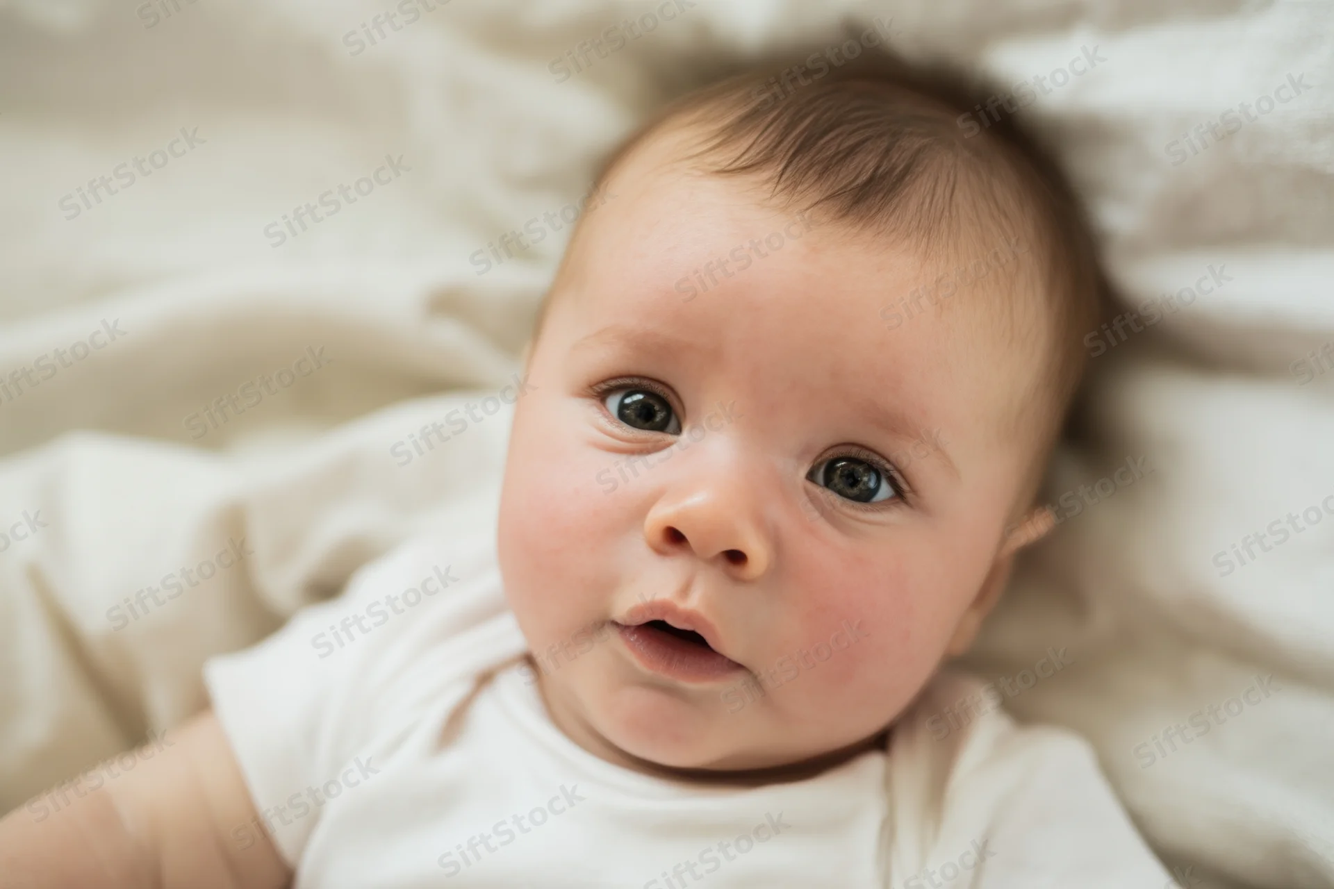Baby lying on light blanket looking at camera with wide eyes and open mouth