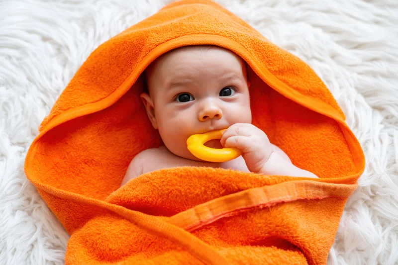 Baby wrapped in orange hooded towel lying on white fluffy blanket with yellow teething ring in mouth