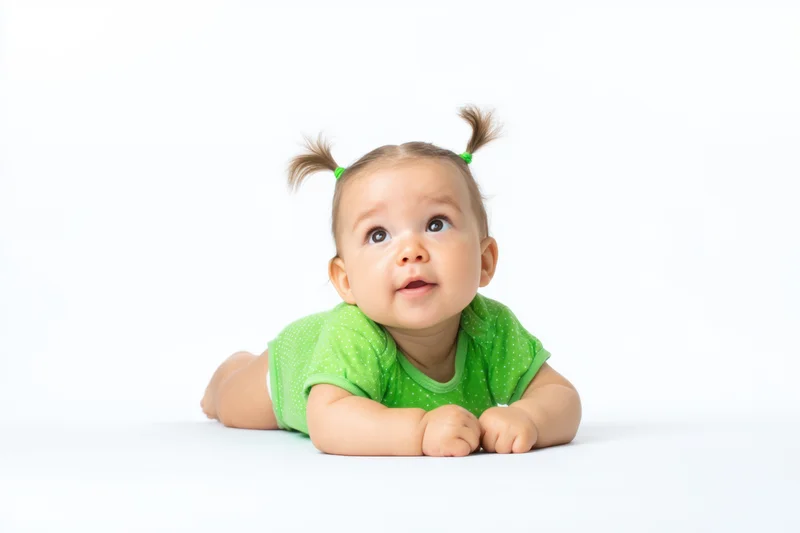Baby lying on stomach on white studio background with green polka-dot onesie and pigtails