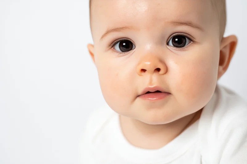 Baby with large dark eyes and calm expression in white shirt against plain background
