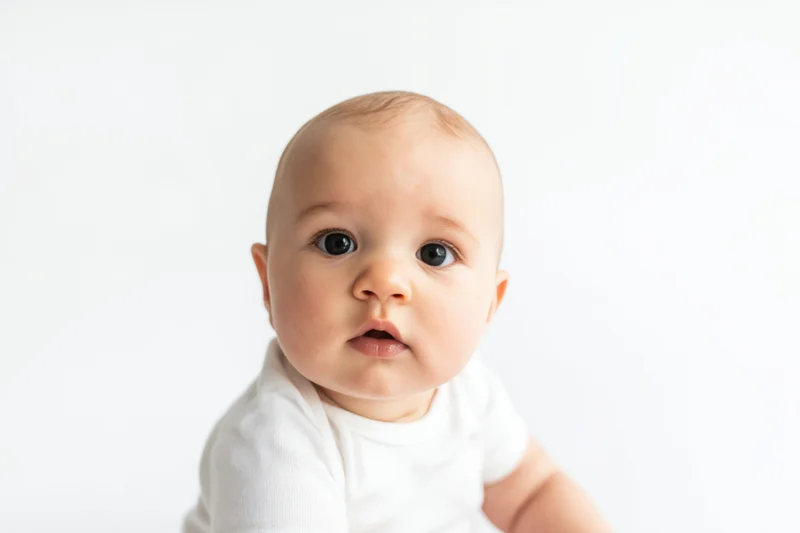 Baby with large dark eyes and calm curious expression in white tshirt against plain white background