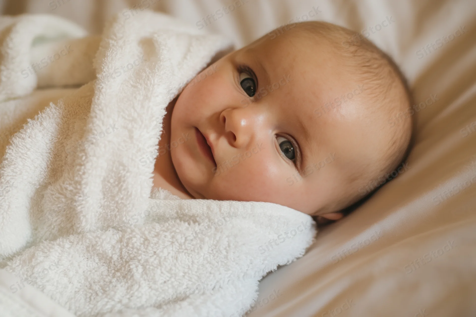 Baby wrapped in a fluffy white towel gazing softly at the camera indoors