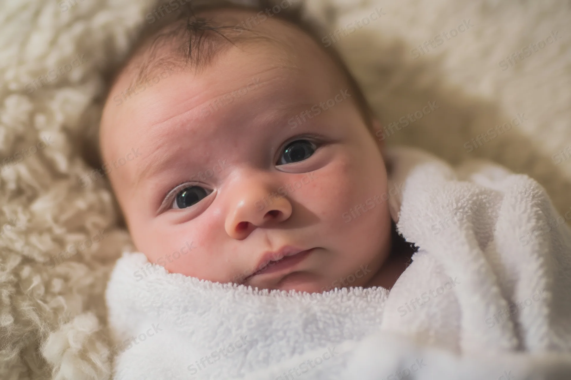 Newborn baby wrapped in a fluffy white towel gazing softly at the camera