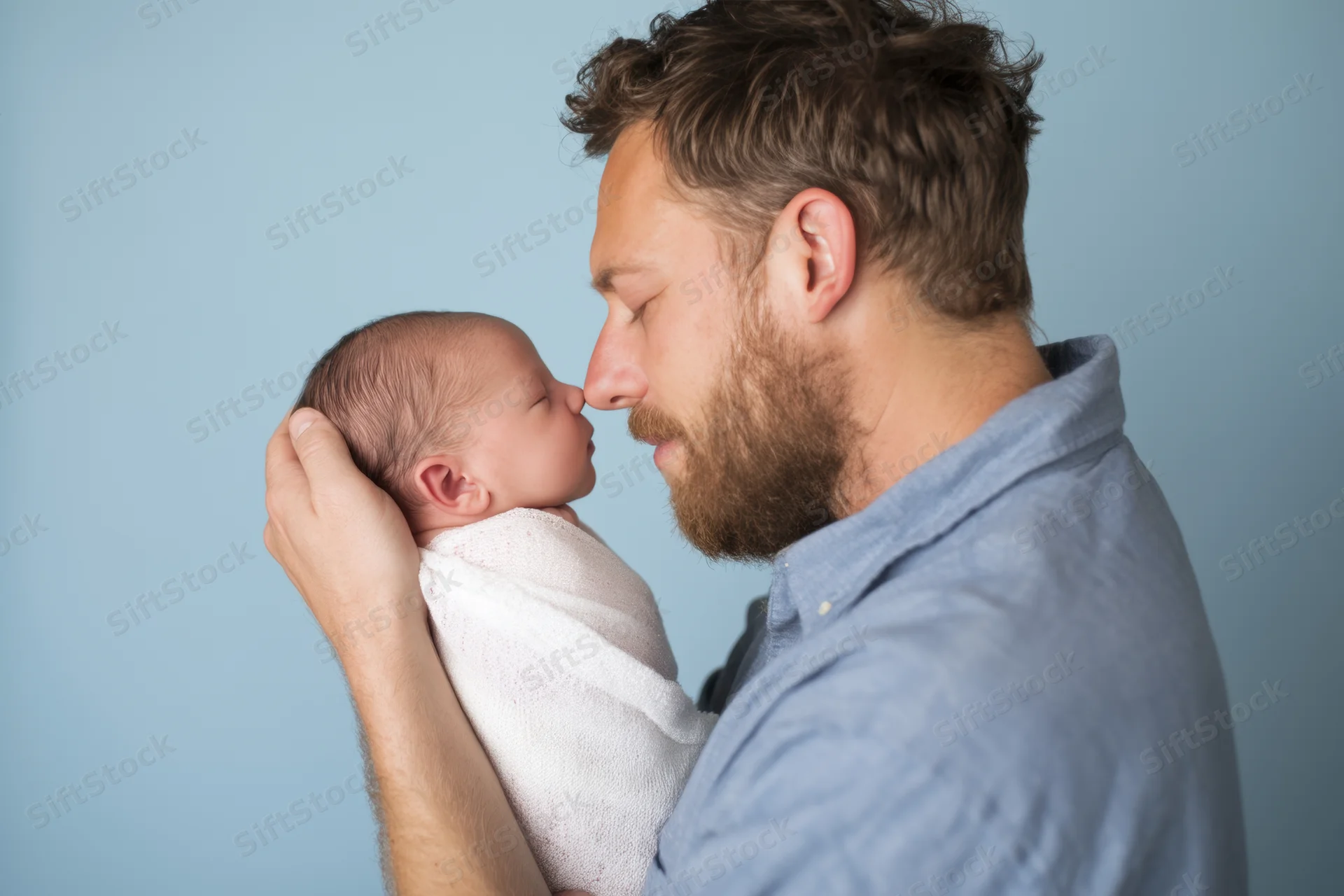 Bearded father holding newborn baby close to his face in studio setting