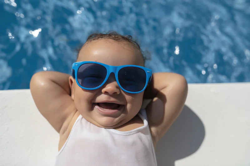Baby wearing blue sunglasses laughing while lounging by a swimming pool