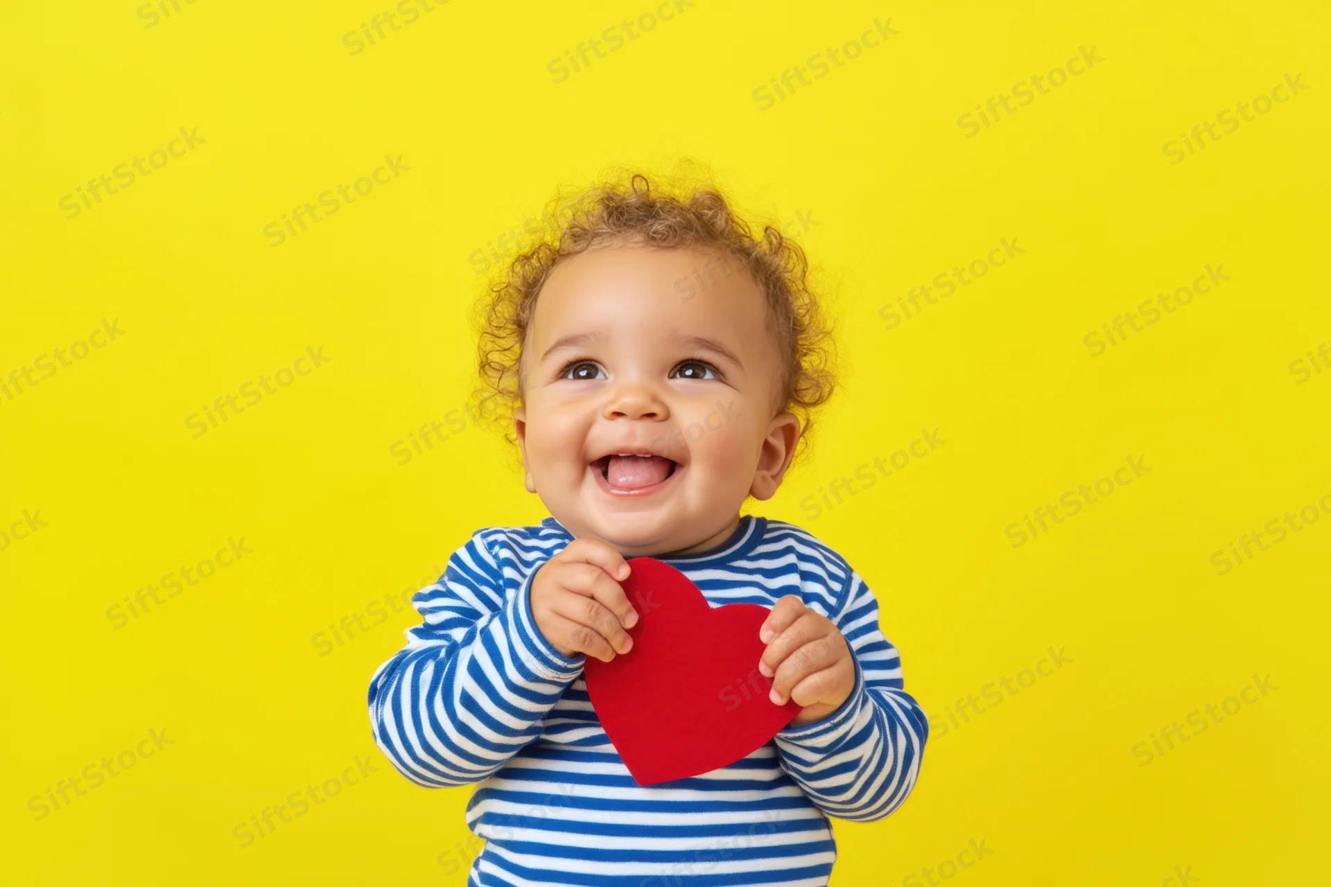 Cheerful baby with curly light brown hair laughing while holding a red heart against yellow background