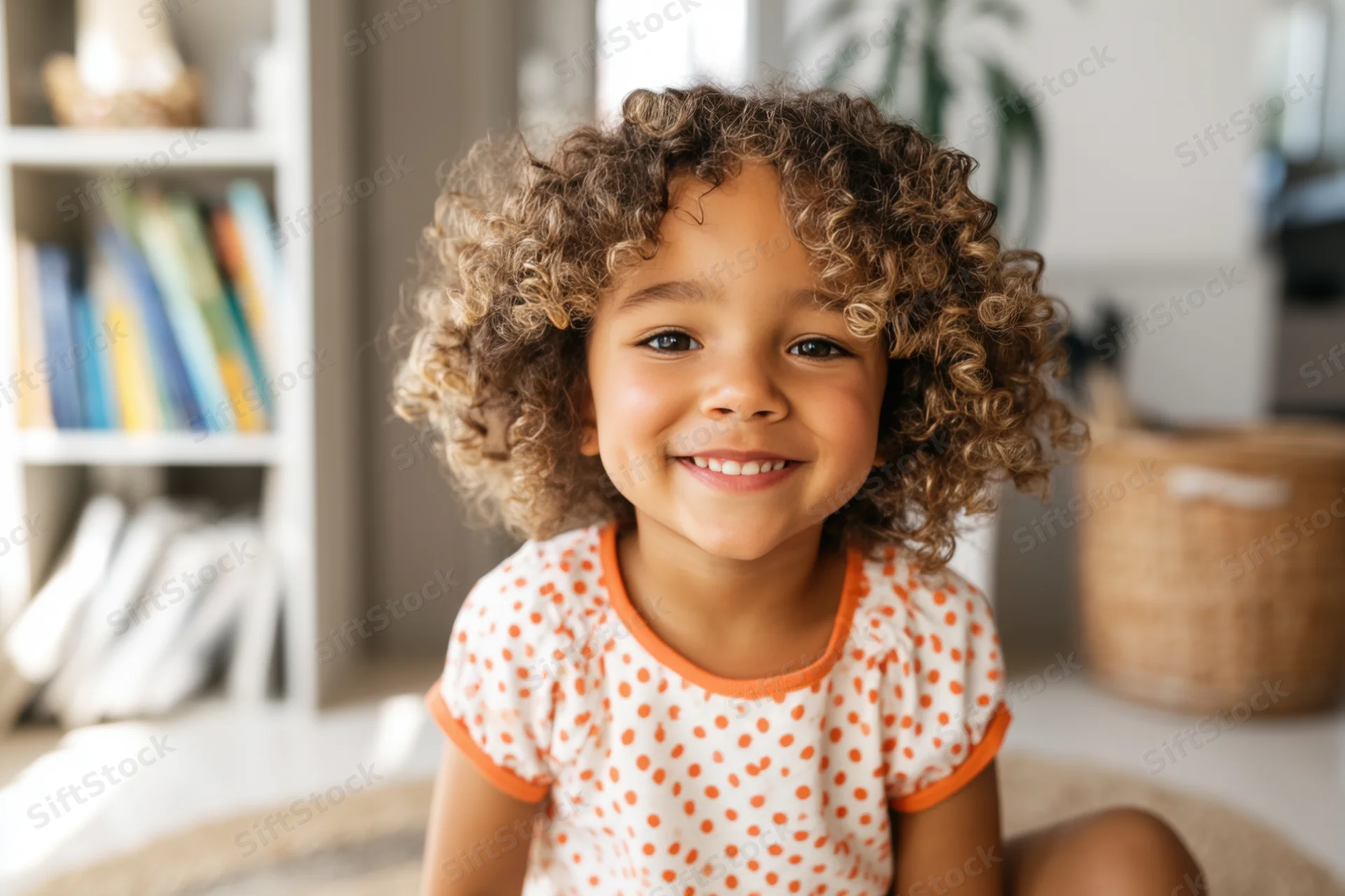 Smiling toddler with curly hair wearing white top with orange polka dots sitting on floor in living room
