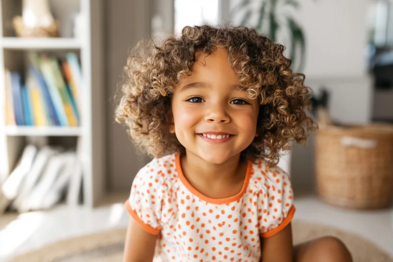 Smiling toddler with curly hair wearing white top with orange polka dots sitting on floor in living room