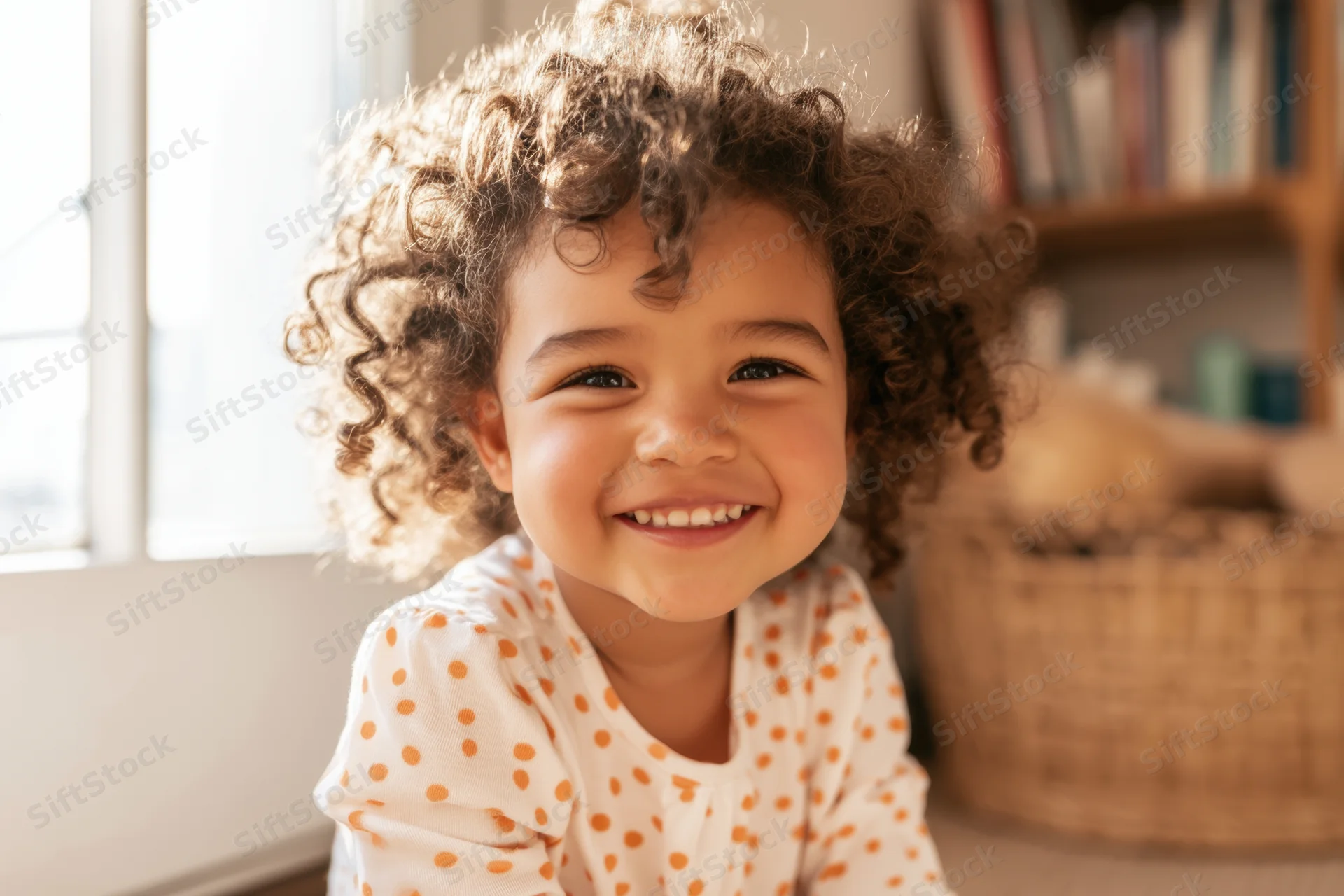 Smiling toddler with curly hair wearing white top with orange polka dots indoors near window