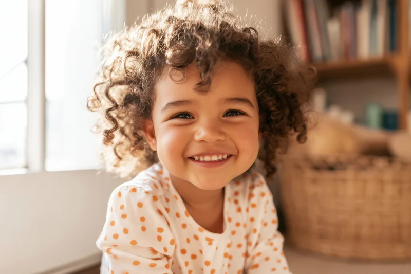 Smiling toddler with curly hair wearing white top with orange polka dots indoors near window