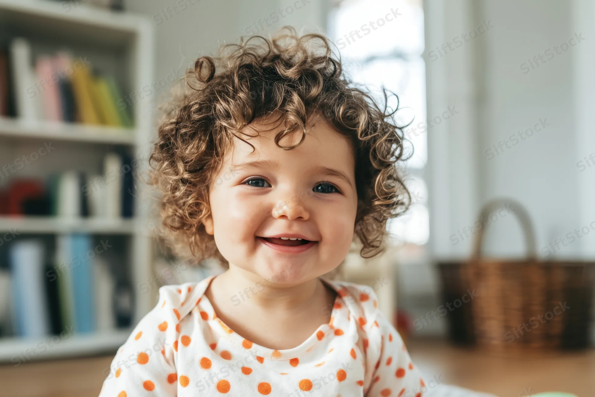 Smiling toddler with curly hair wearing white top with orange polka dots indoors near bookshelf