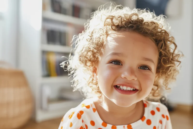 Smiling toddler with curly hair wearing white top with orange polka dots indoors