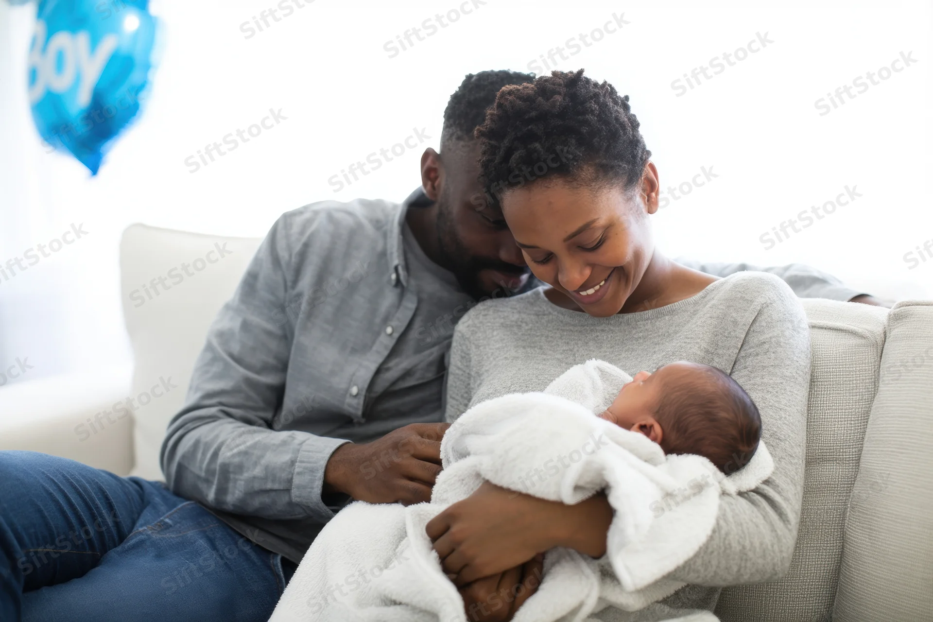 Couple cradling newborn baby on light sofa in bright living room