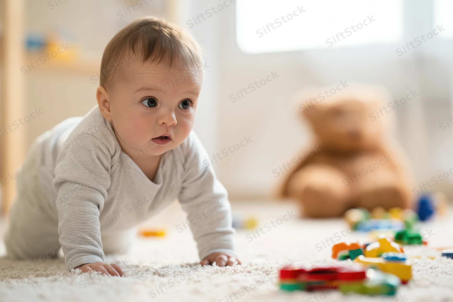 Toddler crawling on soft rug in bright playroom with toys and teddy bear