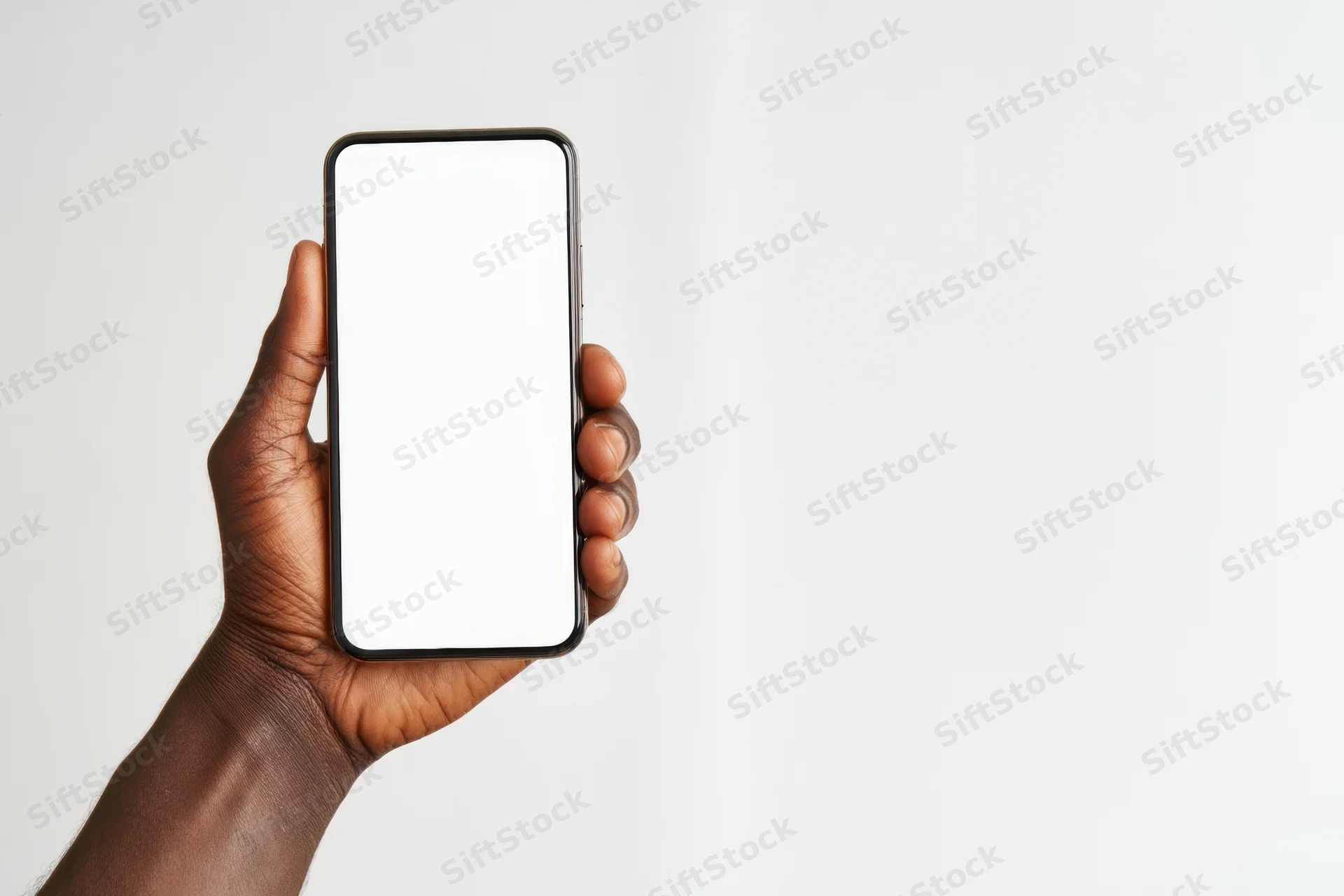 Hand holding smartphone with blank white screen against white background