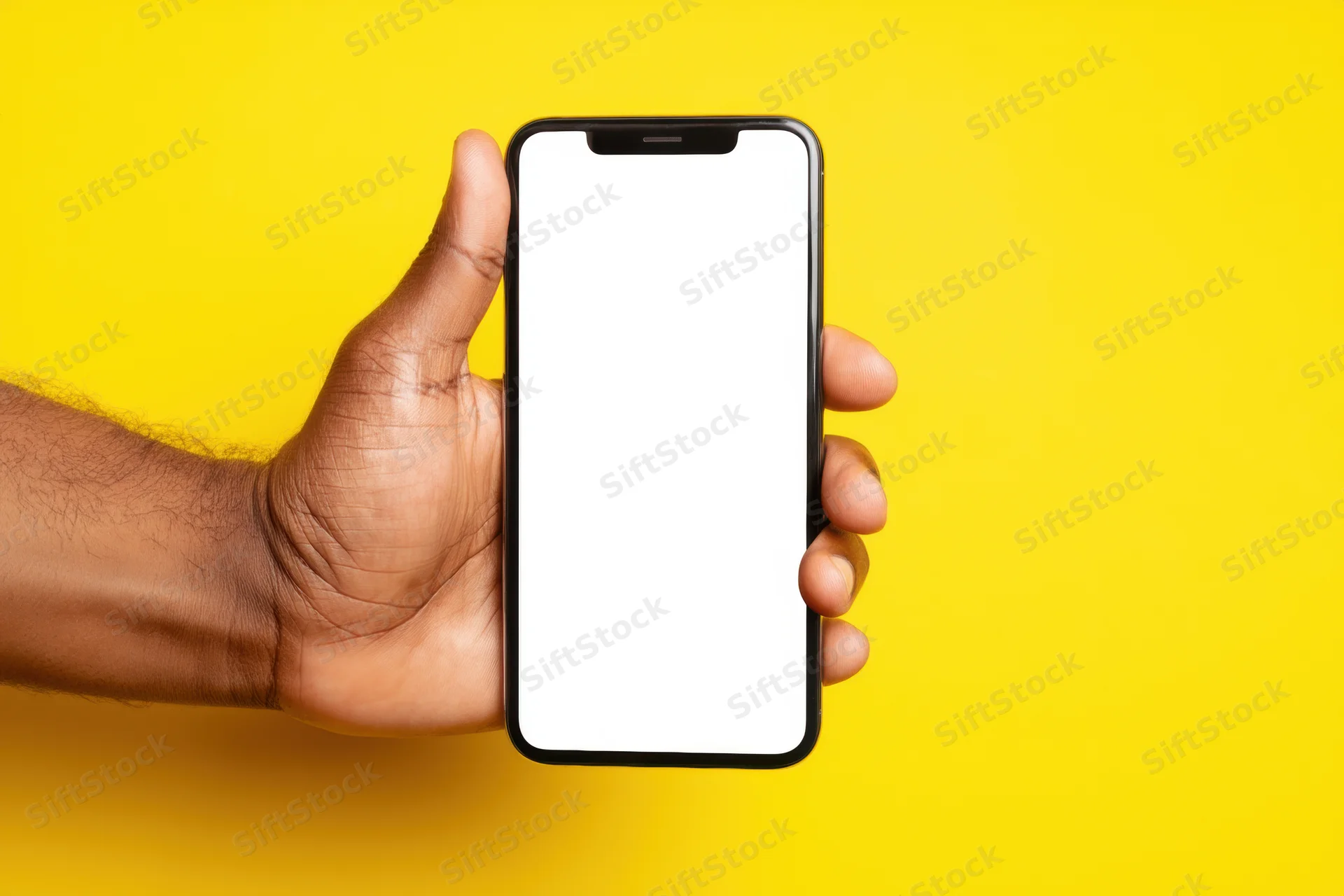 Hand holding smartphone with blank white screen against yellow background