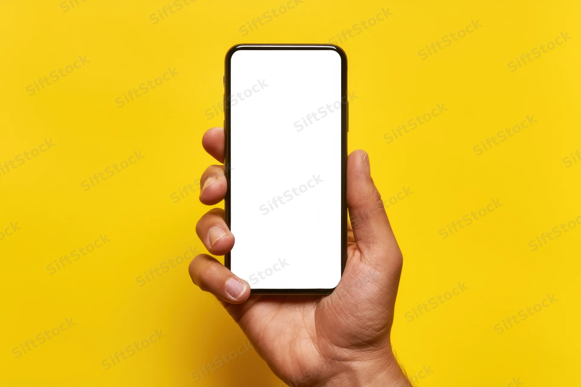 Hand holding smartphone with blank white screen against yellow background