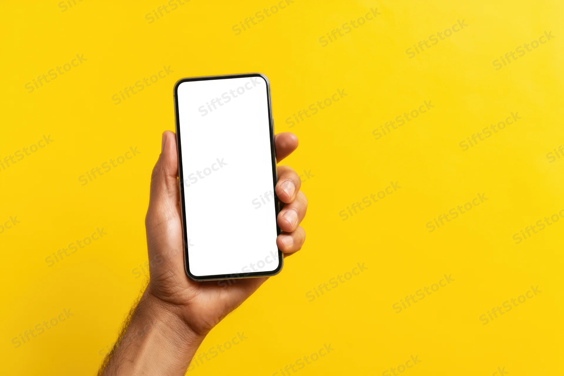 Hand holding smartphone with blank white screen against yellow background