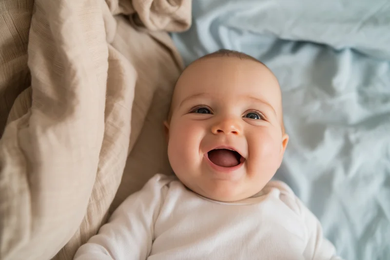 Baby laughing while lying on a bed with beige and blue blankets wearing a white onesie