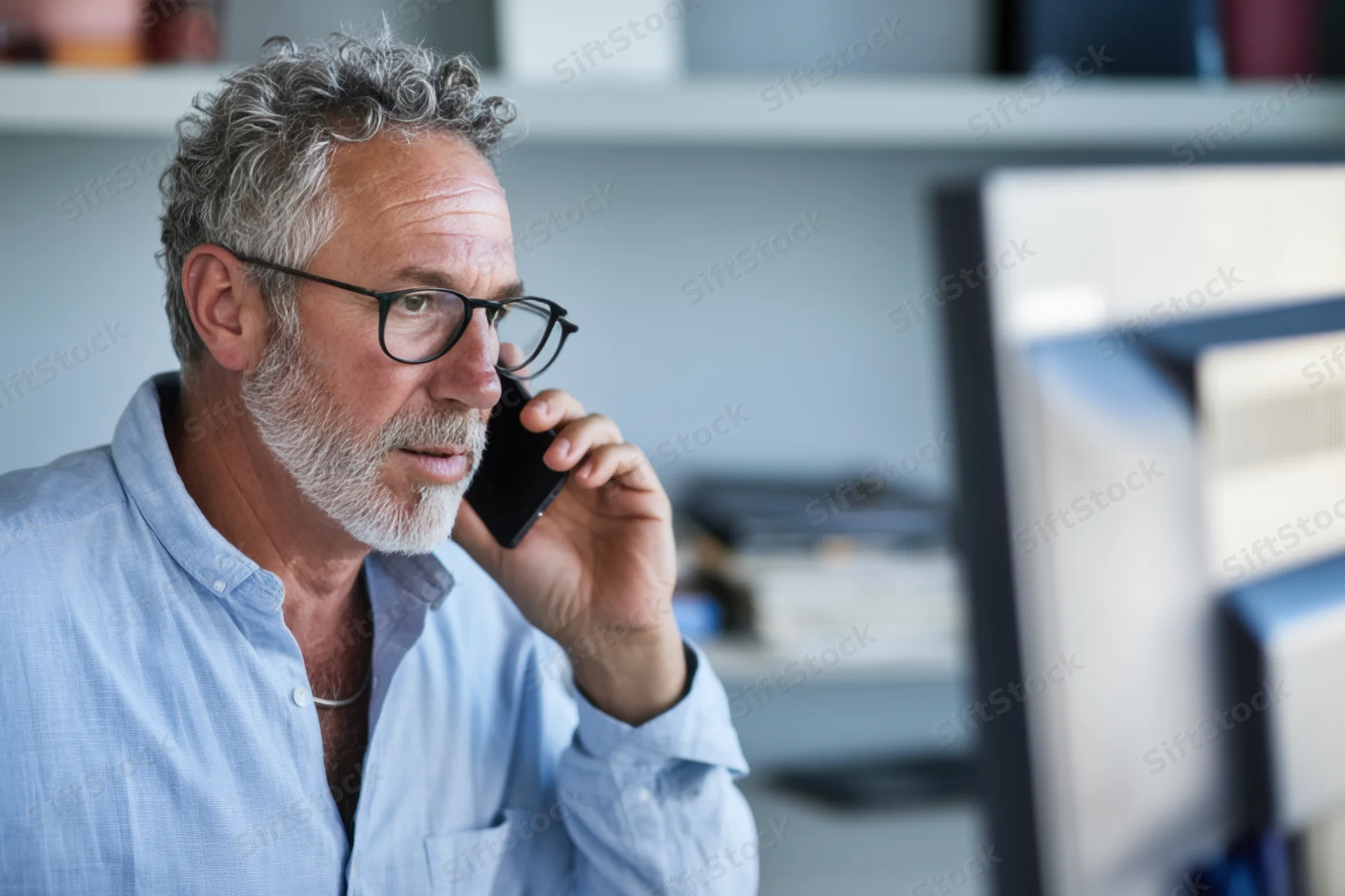 Middle-aged man with gray hair and glasses talking on smartphone in office setting near computer monitor