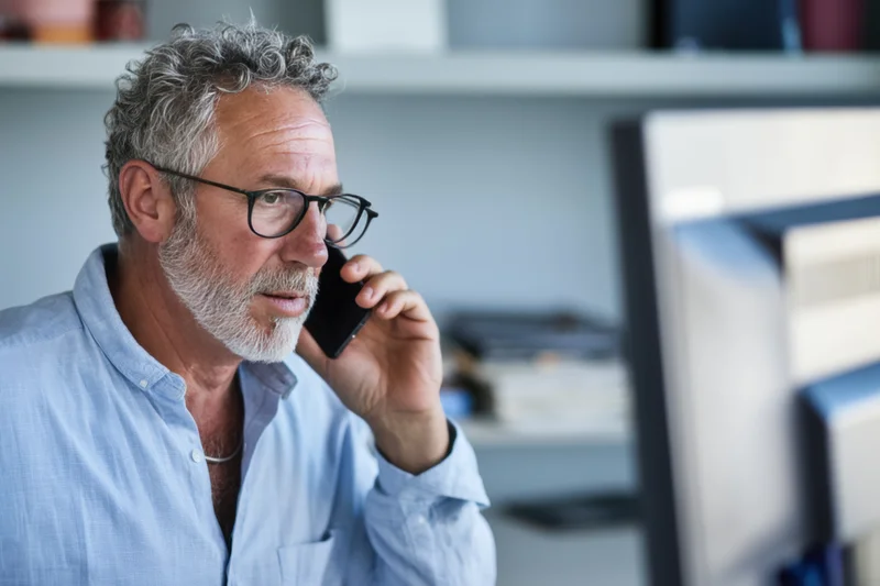 Middle-aged man with gray hair and glasses talking on smartphone in office setting near computer monitor