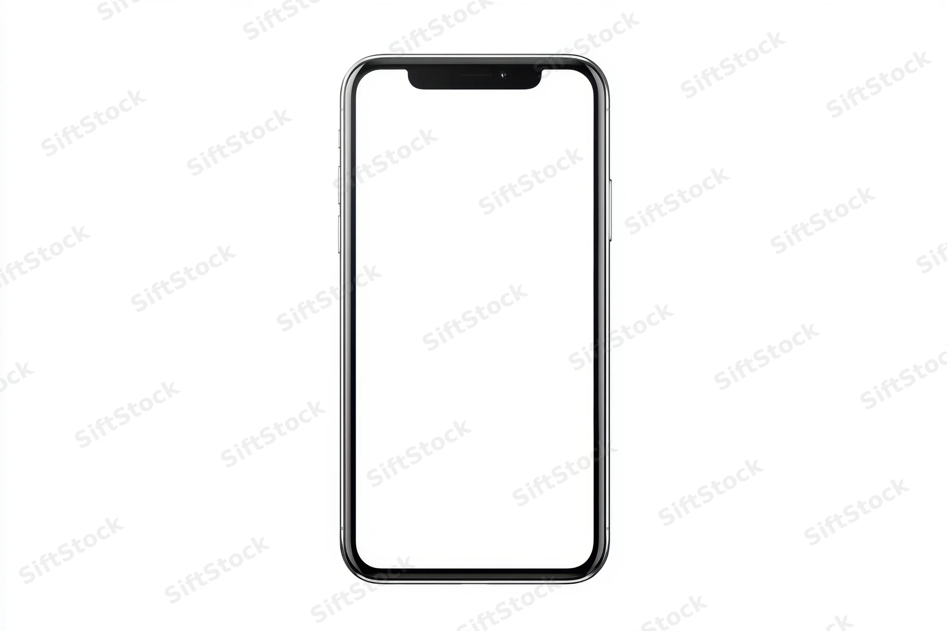 Modern smartphone with blank white screen and black bezel isolated on white background