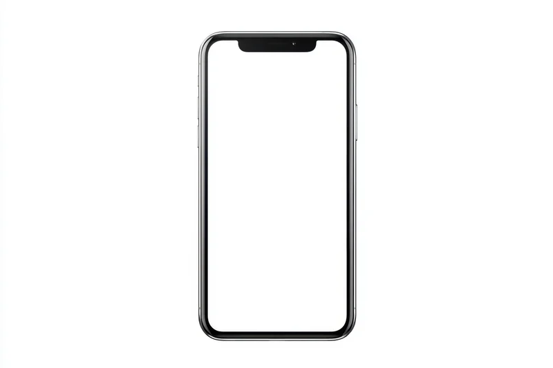 Modern smartphone with blank white screen and black bezel isolated on white background