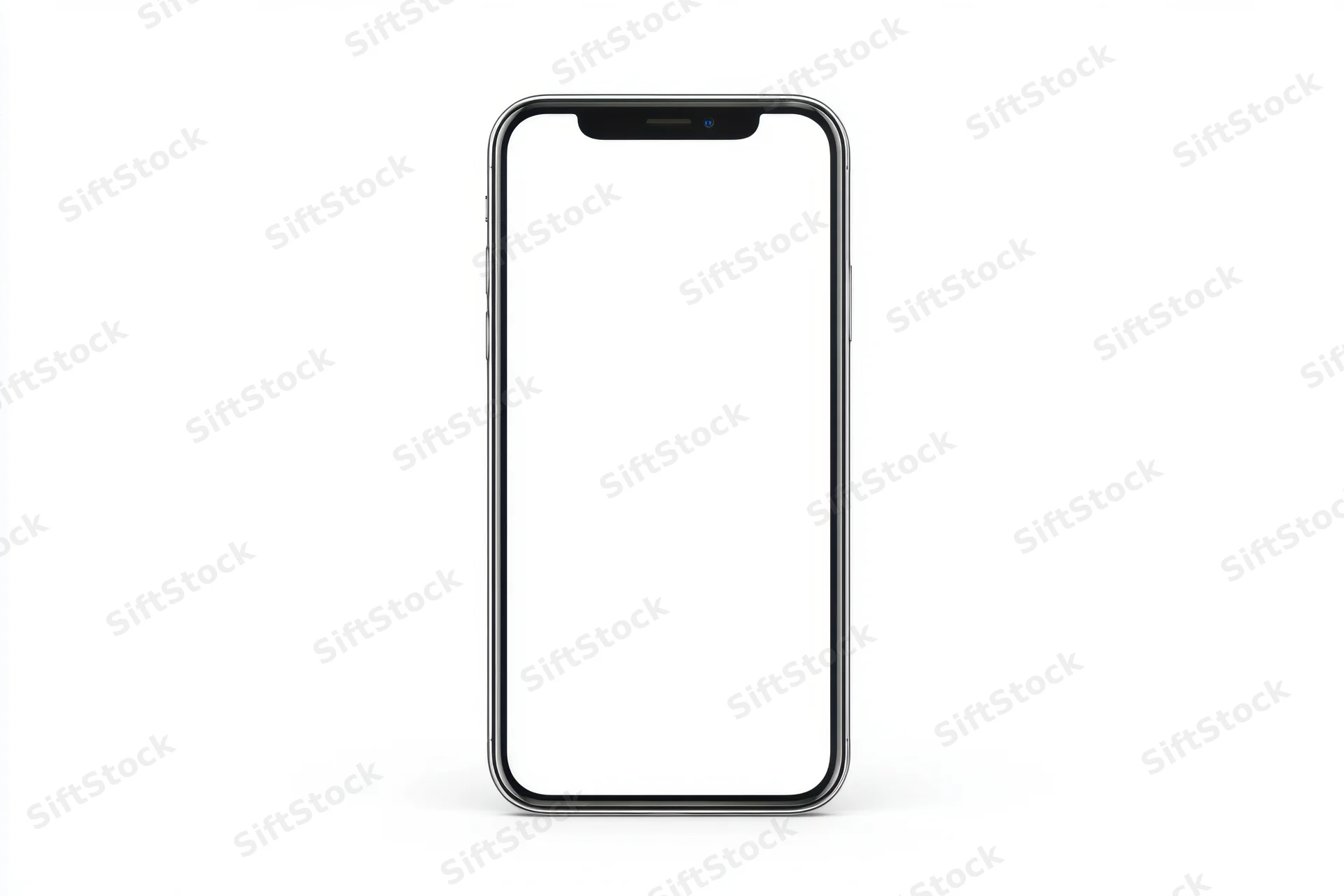 Modern smartphone with blank white screen and black bezel isolated on white background