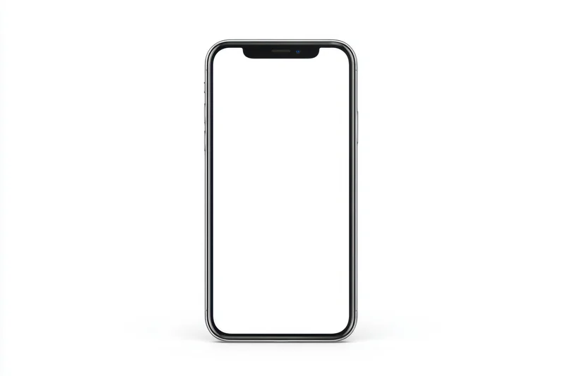 Modern smartphone with blank white screen and black bezel isolated on white background