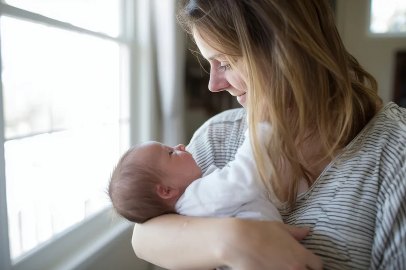 Mother holding newborn baby near window in natural sunlight