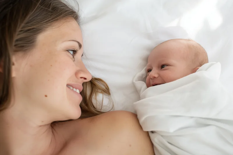 Mother lying beside swaddled newborn on white bed smiling at baby