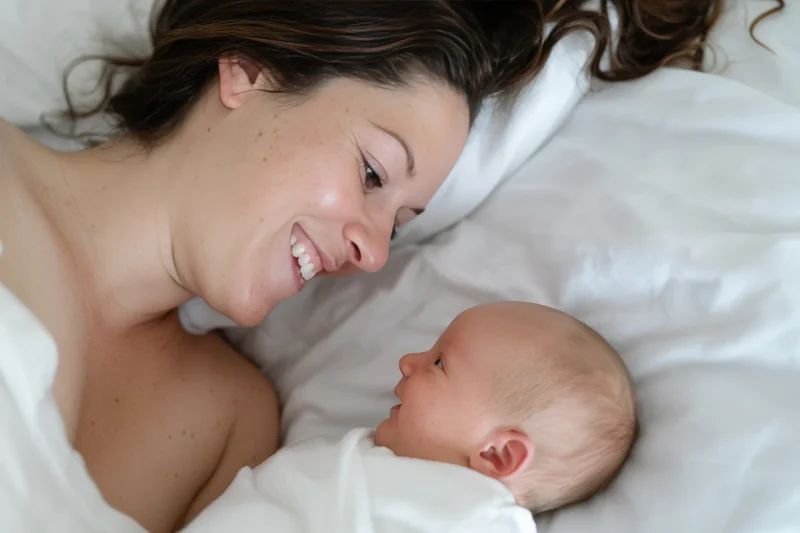Mother smiling at newborn baby lying beside her on white bed
