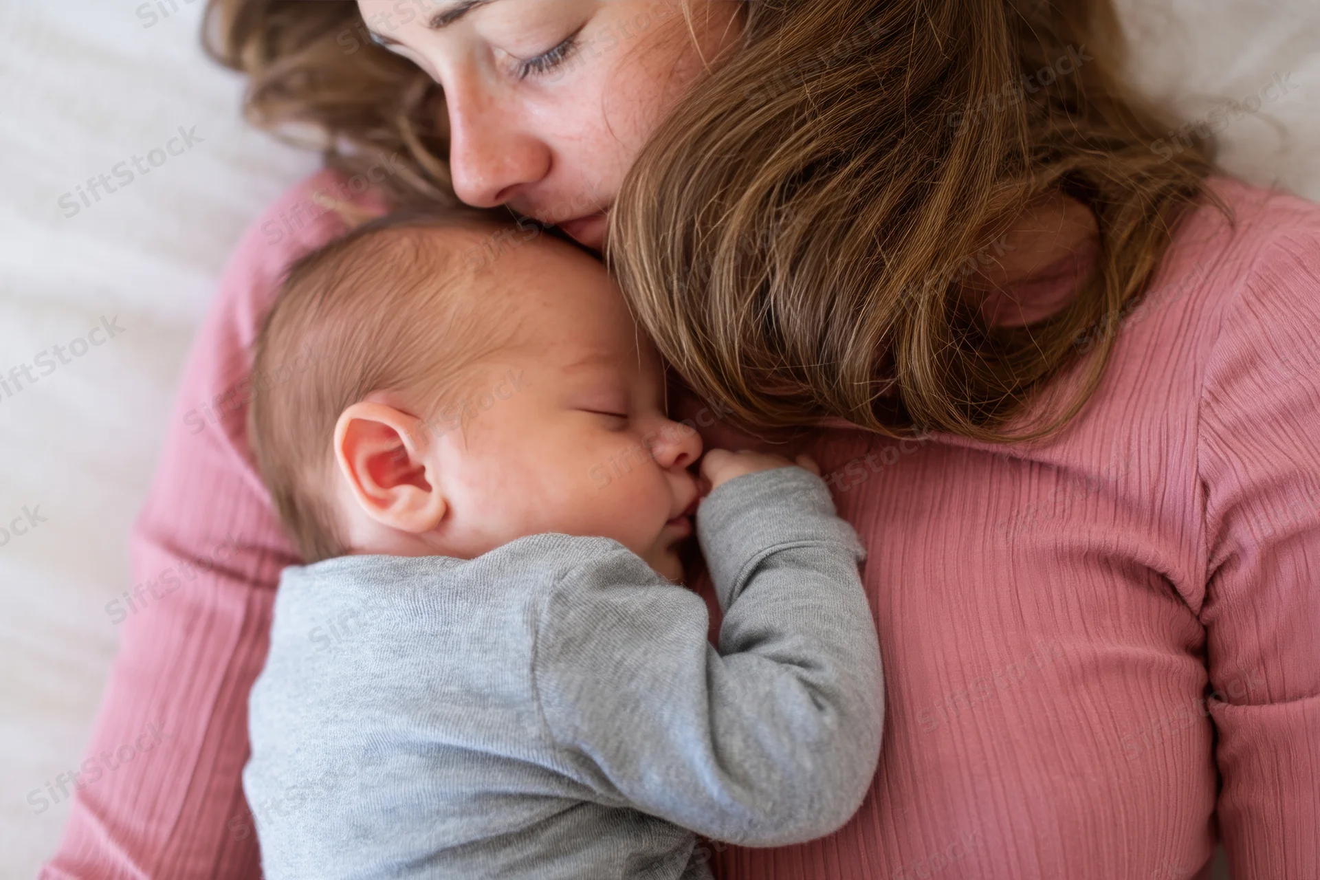 Mother cradling sleeping baby against her chest in bed