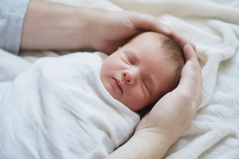 Newborn baby sleeping swaddled in white blanket with adult hands gently cradling its head