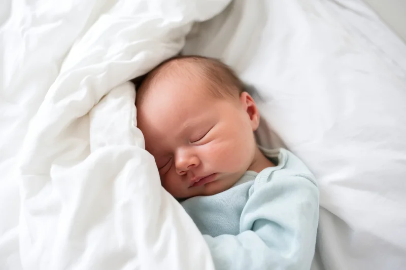 Newborn baby sleeping peacefully on white sheets wearing a pale blue onesie