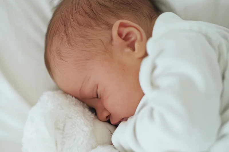 Sleeping baby cuddling a white plush bear in a soft bed