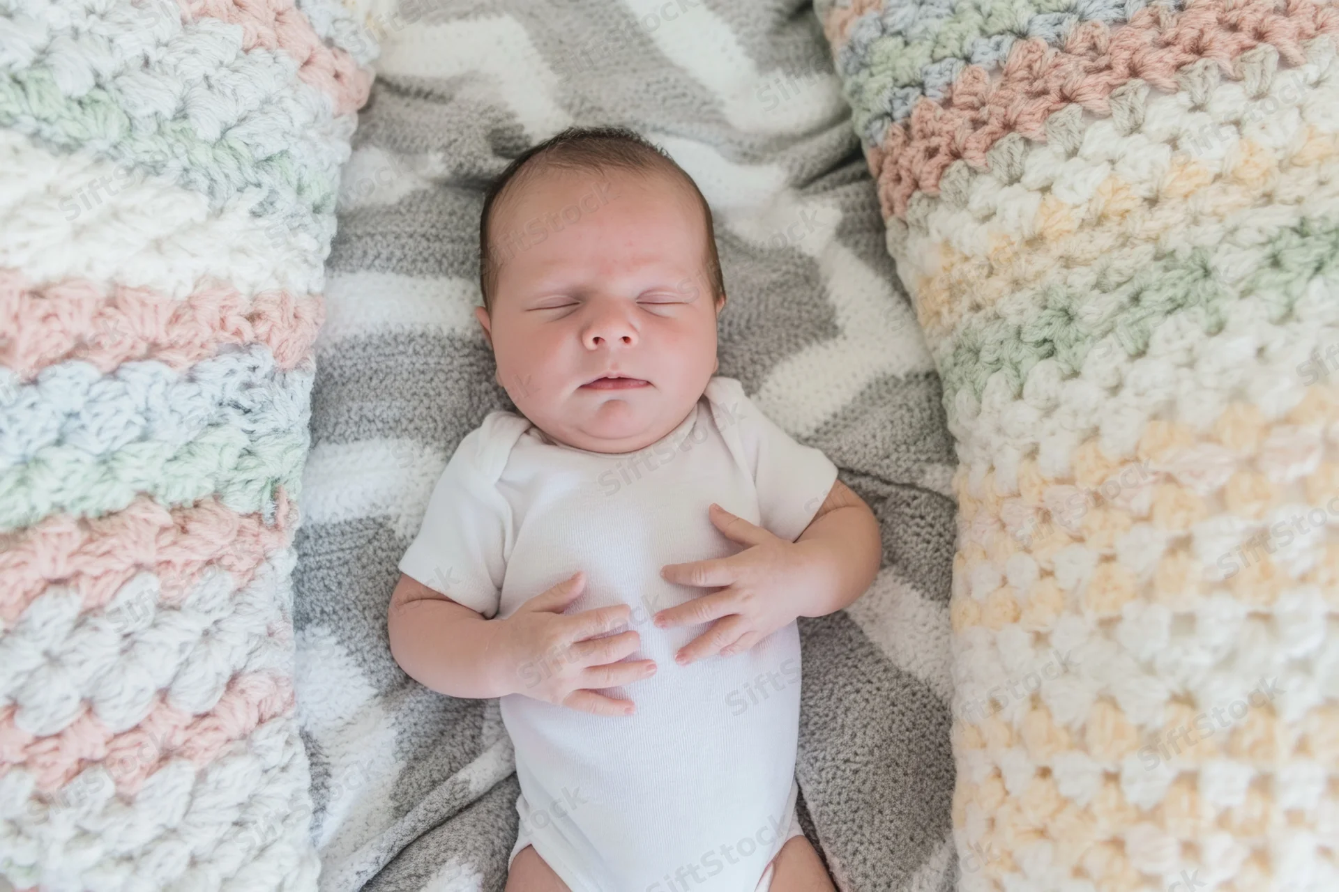 Newborn baby sleeping peacefully on a soft crocheted blanket in a cozy nursery setting